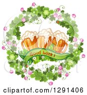 Poster, Art Print Of St Patricks Day Wood Wreath Of Shamrocks Good Luck Text And Beer Mugs