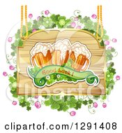 Poster, Art Print Of St Patricks Day Wood Sign With Shamrocks Good Luck Text And Beer Mugs