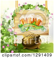 Clipart Of A St Patricks Day Wood Sign With Shamrocks Good Luck Text And Beer Mugs Over A Pot Of Gold Royalty Free Vector Illustration
