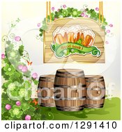 Poster, Art Print Of St Patricks Day Wood Sign With Shamrocks Good Luck Text And Beer Mugs Over Barrels