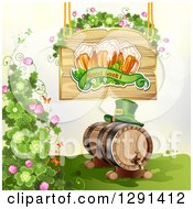 St Patricks Day Wood Sign With Shamrocks Good Luck Text And Beer Mugs Over A Leprechaun Hat On A Keg