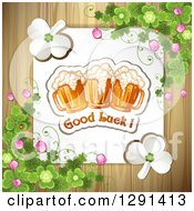 Clipart Of A St Patricks Day Sign With Shamrocks And Good Luck Text And Beer Mugs Over Wood Royalty Free Vector Illustration
