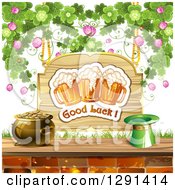 St Patricks Day Wood Good Luck Sign With Shamrocks Beer Mugs A Leprechaun Hat And Pot Of Gold
