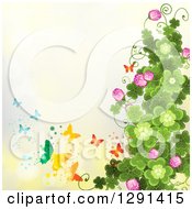 Clipart Of A St Patricks Day Background Of Shamrock Clovers And Flowers With Rainbow Butterflies On Yellow Royalty Free Vector Illustration