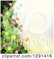 Clipart Of A St Patricks Day Background Of Shamrock Clovers And Flowers With Butterflies On Yellow Royalty Free Vector Illustration