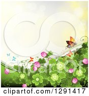 Poster, Art Print Of St Patricks Day Background Of Shamrock Clovers And Flowers With A Monarch And Butterflies On Yellow