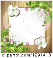 Poster, Art Print Of Blank White Sign Or Paper Over Wood With St Patricks Day Clovers White Shamrocks And Flowers