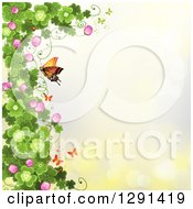 Poster, Art Print Of St Patricks Day Background Of Shamrock Clovers And Flowers With Butterflies And A Monarch On Yellow