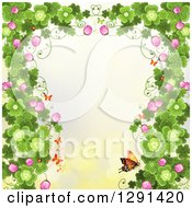 Poster, Art Print Of St Patricks Day Background Of Borderd Shamrock Clovers And Flowers With A Monarch Butterflies On Yellow