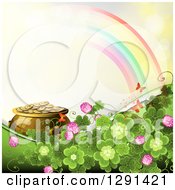 Poster, Art Print Of St Patricks Day Background Of Shamrock Clovers And Flowers A Pot Of Gold Rainbow And Butterflies On Yellow