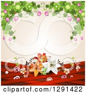 Poster, Art Print Of Background Of Shamrock Clovers And Flowers Over Lilies Red Lattice And Targets On Pink