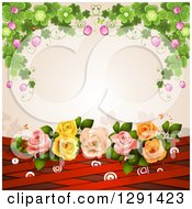 Clipart Of A Background Of Shamrock Clovers And Flowers Over Roses Red Lattice And Targets On Pink Royalty Free Vector Illustration