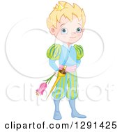 Poster, Art Print Of Cute Blue Eyed Blond Caucasian Prince In A Colorful Uniform Holding A Flower