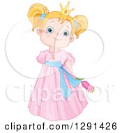 Poster, Art Print Of Cute Blue Eyed Strawberry Blond Caucasian Princess In A Pink Dress Holding A Flower