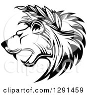 Poster, Art Print Of Black And White Roaring Lion Head In Profile With Leaves In His Mane