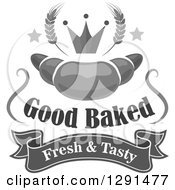 Clipart Of A Grayscale Croissant With Stars Wheat And A Crown Over Text Royalty Free Vector Illustration