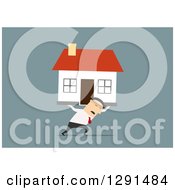Poster, Art Print Of Flat Modern Design Styled White Businessman Or Broker Moving A House Over Blue