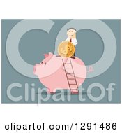 Clipart Of A Flat Modern Design Styled White Businessman Inserting A Giant Coin In A Piggy Bank Over Blue Royalty Free Vector Illustration