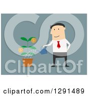 Poster, Art Print Of Flat Modern Design Styled White Businessman Watering An Investment Plant Over Blue