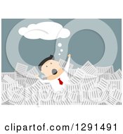 Poster, Art Print Of Flat Modern Design Styled Thinking White Businessman Drowning In Paperwork Over Blue