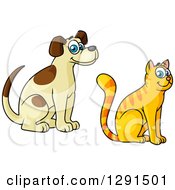 Clipart Of A Cartoon Happy Sitting Tan And Brown Spotted Dog And Tabby Ginger Cat Royalty Free Vector Illustration