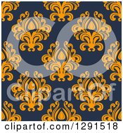 Poster, Art Print Of Seamless Pattern Background Of Vintage Orange Floral Damask On Navy Blue