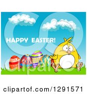 Poster, Art Print Of Cartoon Chubby Yellow Chick Sitting With Eggs On A Hill Under Happy Easter Text