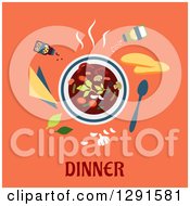 Poster, Art Print Of Bowl Of Soup With Ingredients On Orange Over Dinner Text