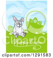 Poster, Art Print Of Cartoon Gray Rabbit Sitting By A Silhouetted Easter Basket Over Text