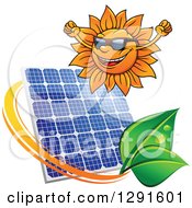 Poster, Art Print Of Cheering Sun Wearing Shades And Solar Panel Encircled With A Swoosh And Green Leaves