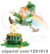 Poster, Art Print Of Happy St Patricks Day Leprechaun Leaping Over A Pot Of Gold At The End Of A Rainbow