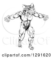 Poster, Art Print Of Black And White Muscular Fierce Tiger Man Attacking