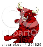 Poster, Art Print Of Vicious Muscular Red Bull Man Or Minotaur Mascot Punching