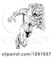 Poster, Art Print Of Black And White Vicious Muscular Sprinting Lion Man Mascot