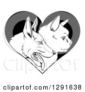 Poster, Art Print Of Black And White Profiled Cat And Dog Faces Over A Heart