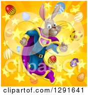 Poster, Art Print Of Brown Easter Super Hero Bunny Rabbit Running Through A Burst Of Eggs And Stars