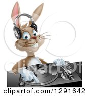 Poster, Art Print Of Happy Brown Bunny Rabbit Dj Wearing Headphones Over A Turntable