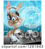 Poster, Art Print Of Happy Brown Bunny Rabbit Dj Wearing Headphones Over A Turntable Against A Dance Floor