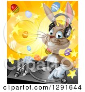 Poster, Art Print Of Happy Brown Easter Bunny Rabbit Dj Wearing Headphones Over A Turntable Against A Burst Of Objects