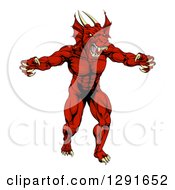 Poster, Art Print Of Muscular Aggressive Red Dragon Man Mascot Walking Upright