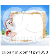 Clipart Of Santa Claus Pointing Around A Blank Christmas Sign In The Snow During The Day Royalty Free Vector Illustration