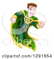 Clipart Of A Happy Blue Eyed Caucasian Male Super Hero Running In A Green Suit Royalty Free Vector Illustration
