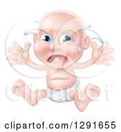 Clipart Of A Teething Blue Eyed Caucasian Baby Boy Sitting In A Diaper And Crying Royalty Free Vector Illustration