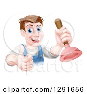 Clipart Of A Middle Aged Brunette White Male Plumber Holding A Thumb Up And A Plunger Royalty Free Vector Illustration