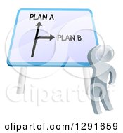 Clipart Of A 3d Silver Man Looking Up At A Plan A Or Plan B Sign Royalty Free Vector Illustration by AtStockIllustration