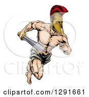 Poster, Art Print Of Muscular Gladiator Man In A Helmet Sprinting With A Sword