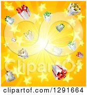 Poster, Art Print Of Yellow And Orange Sun Burst Of 3d Gifts And Stars