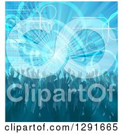 Poster, Art Print Of Blue Music Background Of People Dancing Over A Burst With Equalizer Bars