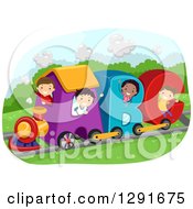 Poster, Art Print Of Group Of Happy School Children Riding A Letter Alphabet Abc Train