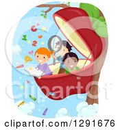 Poster, Art Print Of Happy School Children Reading And Studying In A Giant Apple